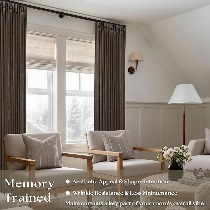 Dark Chocolate Pinch Pleated Linen Curtains 2 Panels for Living Room Bedroom Memory Training Shaped Semi Sheer Pleat Drapes with Hooks Rings Light Filtering Window Curtain 40x90