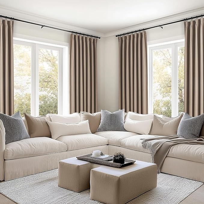 Topfinel 94 Inches Long Taupe Flax Custom Blackout Linen Curtains, Viral Ivory Pinch Pleated Noise Cancelling Curtains with Pin Hooks for Traverse, Burlap Viral Drapes 2 Panels for Living Room