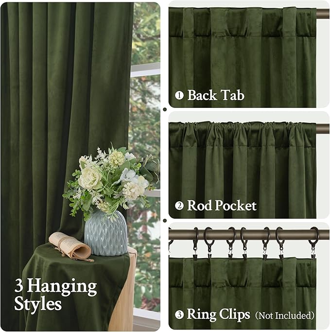 LAMIT Olive Green Velvet Curtains for Living Room 96 Inch Length, Luxury Thermal Insulated Blackout Panels Room Darkening Back Tab and Rod Pocket Window Drapes for Bedroom, 2 Panels, 52 x 96 Inch