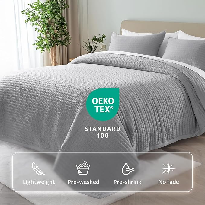 Kasentex Quilt Mini Set - Stone Washed - Super Soft Bedspread - Light Weight - White Down Alternative Microfiber Fill - Machine Washable - Solid Colors, Full/Queen + 2 Shams, Grey