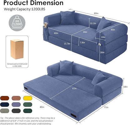 80" Convertible Sofa Bed, Corduroy Deep Seat Folding Pull Out Couch with Pillows, No Assembly Modern Boneless Couch Compression Sofa in Box, Floor Sofa with Storage Pocket,Dark Smog Blue