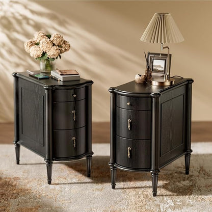 STO'SENSE Nightstand w/Charging Station & 3 Drawers, Pre-Assembled, Vintage Side Table w/Antique-Finished Pulls, Rustic Wood Finish, Narrow End Table w/Turned Legs for Bedroom (2, Black)
