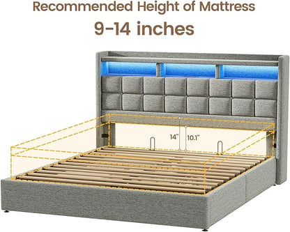 Lift Up King Size Bed Frame with Storage, Upholstered King Bed Frame with Charging Station and LED Lights Headboard, No Box Spring Needed, Easy Assembly - Light Grey