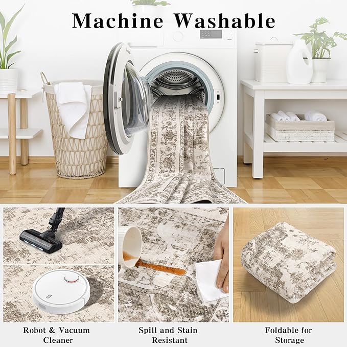 3x5 Vintage Washable Area Rugs Boho Medallion Large Distressed Retro Accent Carpet Floral Non-Slip Soft Low Pile Indoor Throw Rug for Living Room Bedroom Dining Room Office Kitchen, Taupe