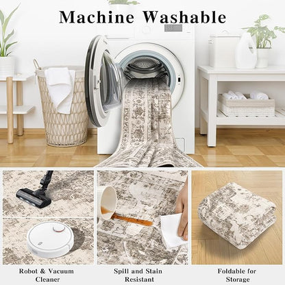 2x6 Hallway Washable Runner Rug Vintage Non-Slip Soft Kitchen Mat Boho Medallion Distressed Farmhouse Carpet Floral Low Pile Indoor Throw Rug for Entryway Bathroom Living Room Bedroom, Taupe