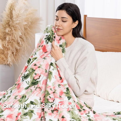 Luxury Printed Fleece Warm Blanket, Soft Lightweight Velvety Plush Throw for Couch and Bed, Cozy Comfy for All Seasons(Ivory Pink Flowers, 90×90 Inches)