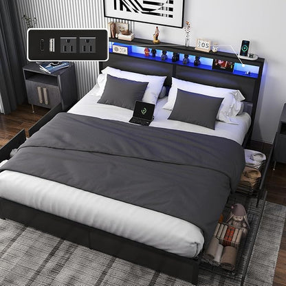 King Bed Frame with Storage Headboard and 4 Drawers, Metal Platform Bed Frame with LED Light, Charging Station, No Box Spring Needed, Noise Free, Easy Assembly,Charcoal Grey
