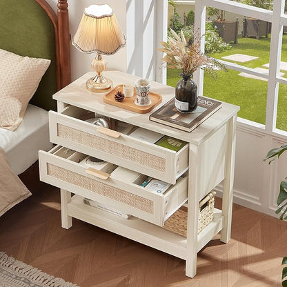 LEYAOYAO 31.5" Wide Rattan Night Stands Set 2, Oversized Large Boho Nightstand with 2 Drawer, Grey White Bed Side End Tables with Storage Shelf, Tall Bedside Table for Bedroom Living Room, Hallway