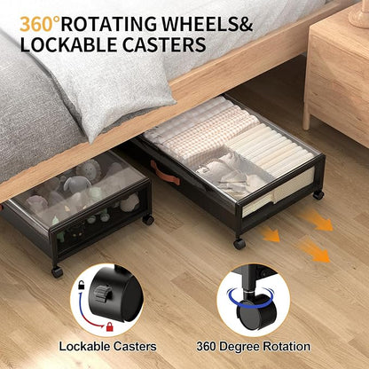 Under Bed Storage with Wheels, XXL Larger Under Bed Storage Containers with Clear Lids, 31'' Lengthen Under Bed Shoe Organizer for Shoes Clothes(Black 2 Pack, XXL(31"x16.6"x7.48"))