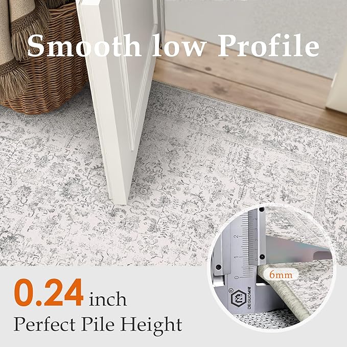 Gray Runner Rug 2x12 Hallway Machine Washable Kitchen Vintage Distressed Non Slip Long Carpet Indoor Grey Retro Floral Bedroom Accent Throw Rug for Bathroom Office Laundry Dining Living Room