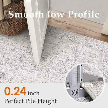 Gray Runner Rug 2x7 Hallway Machine Washable Kitchen Vintage Distressed Non Slip Long Carpet Indoor Grey Retro Floral Bedroom Accent Throw Rug for Bathroom Office Laundry Dining Living Room