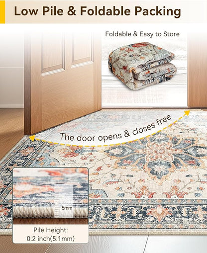 Area Rugs 2'x5' Washable Non-Slip, Floral Vintage Distress Print Pattern Medallion Carpet for Living Room Bedroom Dining Room, Beige Navy Blue Orange Colorful