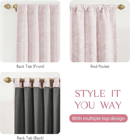 Beauoop Pink Floral Jacquard Blackout Curtains 96 Inches Long 2 Panels for Girls Bedroom Living Room Chenille Flower Room Darkening Thermal Insulated Soundproof Rod Pocket Back Tab Window Drapes 52x96