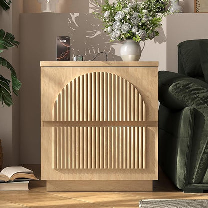 Yechen Nightstand with Drawers, Modern Arched Reeded Wood Nightstand with Charging Station, Wooden Night Stand with Storage,Bedside End Tables for Bedroom, Natural