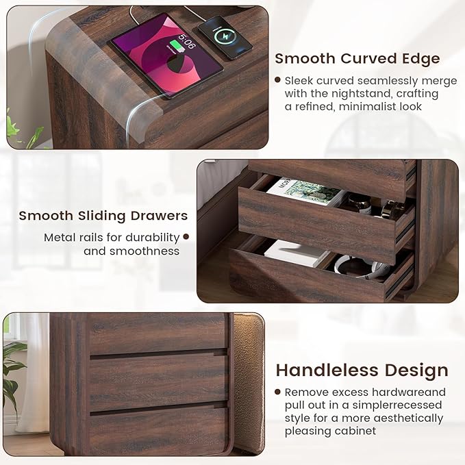 Walnut 3 Drawers Nightstand, 25" Tall Wooden Bedside Table with Charging Station, Large Side Table Curved Profile, Handleless, Large End Table Night Stand for Bedroom, Office