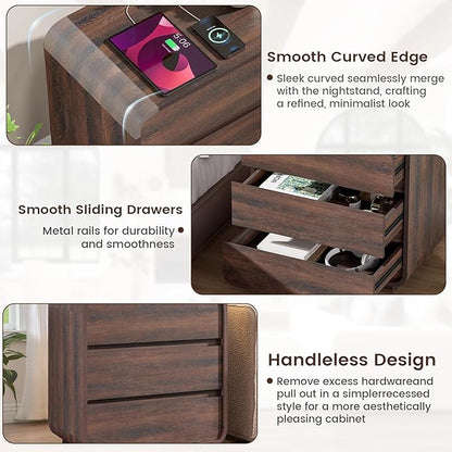 Walnut 3 Drawers Nightstand, 25" Tall Wooden Bedside Table with Charging Station, Large Side Table Curved Profile, Handleless, Large End Table Night Stand for Bedroom, Office