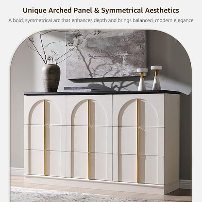 ACCOHOHO Arched Dresser for Bedroom with 9 Drawers, 52" Wide Modern Chest of Drawers with Rounded Edge & Metal Handles, Wood Storage Closet Dressers TV Stand for Living Room, Hallway, White