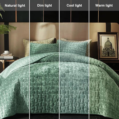 Powdion Velvet Quilt King Size, Oversized Bedspread Coverlet Quilted Bedding Set, Lightweight Velvet Comforter Set Luxury Coverlet Set for All Season with 2 Pillow Shams, 96x106 Aqua Green