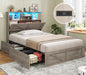 AOGLLATI Twin Bed Frame with 4 Storage Drawers and Charging Station, Farmhouse Wooden Led Twin Bed with Storage Hidden Space Headboard and Metal Slats, Gray