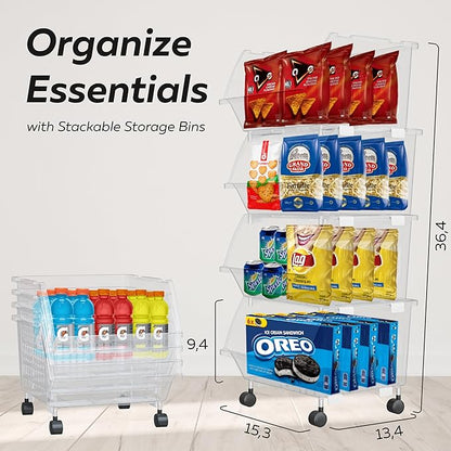TidyFriend Large Stackable Storage Bins for Closet Organizers and Storage with Wheels 8 Pack, Closet Organization for Kids Room and Home Organization (Clear)