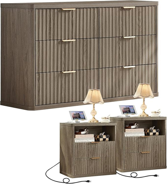 LEYAOYAO 48" Wide Fluted Dresser and 2 Drawers 23" Nightstand Set of 2, Wooden Dresser & Night Stand with Charging Station, 3 Piece Bedroom Furniture Set, Chest of Drawer for Living Room,Grey