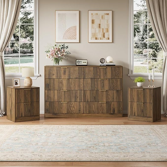 8 Drawer Dresser & Nightstand Set 3-Piece, 55” Wide Fluted Walnut Dresser and Night Stand Set of 2 with Metal Handle, Modern Wood Chest of Drawers Storage Dressers Set for Bedroom, Walnut