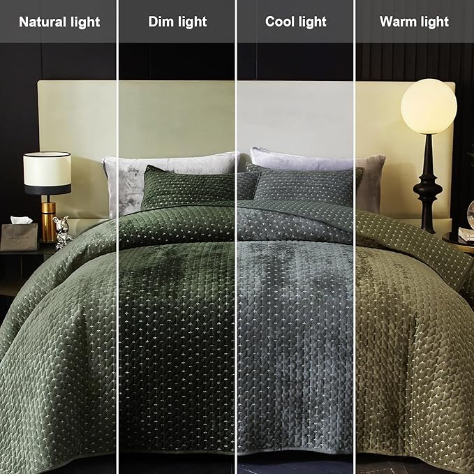 Powdion Velvet Quilt Queen Size, Oversized Bedspread Quilted Bedding Set, Luxurious Soft Coverlet Set Lightweight Velvet Comforter for All Season with Pillow Shams 90x96 Army Green Striped Queen