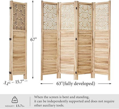 Svimi Folding Room Divider, 66.9 Inch 4 Panels Wood Carved Privacy Screens, Free Assembled Freestanding Portable Separation Wall for Home Office Bedroom (Natural)