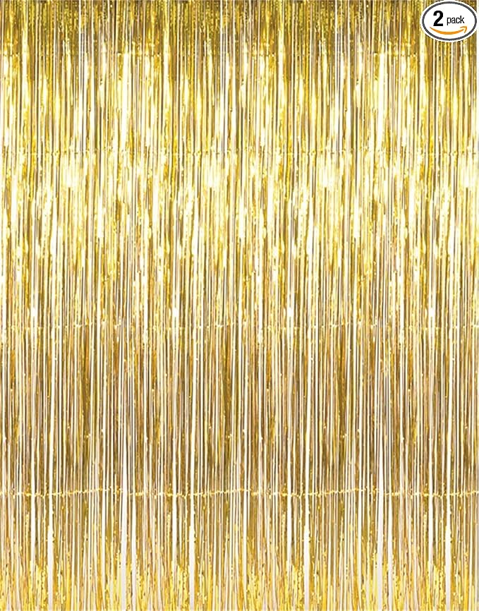 GOER 3.2 ft x 9.8 ft Metallic Tinsel Foil Fringe Curtains,Party Streamer Backdrop for Birthday,Graduation Decorations and New Year Eve (2 Pcs,Gold)