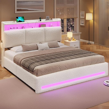 VIAGDO King Bed Frame with Storage Headboard and Charging Station, Boucle Upholstered Bed Frame King Size with 4 Drawers and LED Lights, Type C and USB, No Box Spring Needed, Cream White