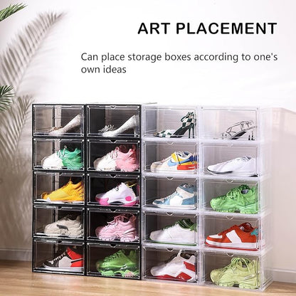 Clear Shoe Box Plastic Stackable Upgraded 6 Pack Shoe Storage Box Organizer with Clear Large Magnetic Door for Display Sneakers Easy Assembly, White