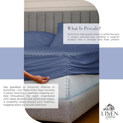 Linen Home 100% Cotton Percale Sheets Full Size, Dark Blue, Deep Pocket, 4 Pieces Set - 1 Flat, 1 Deep Pocket Fitted Sheet and 2 Pillowcases, Crisp Cool and Strong Bed Linen