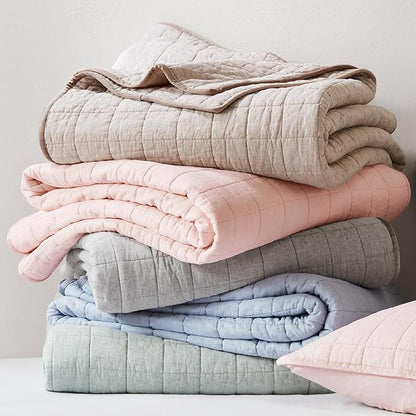 Hyde Lane Luxury Linen Quilt Set Queen Size, Organic European Flax Cotton Blend Bedding for Bedspread and Coverlet, Box Stitched, with 2 Pillow Shams, 90"x96", Grey