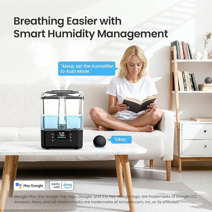 Smart Humidifiers for Bedroom Home, 6L Cool Mist Top Fill Humidifier Large Room with Essential Oil Diffuser, Touch/APP/Voice Control, NightLight Humidifiers for Nursery & Plants (Black, 1Pack)
