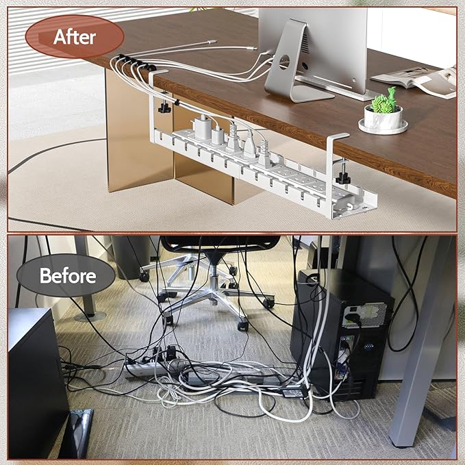 Shikha Cable Management Under Desk, 15.7"-31" Retractable Cable Management Tray, No Drilling Cord Organizer with Clamp for Desk, Under Table Wire Management Tray for Home Office -White
