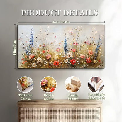 SERIMINO Spring Wildflower Wall Art, Nature Botanical Floral Large Artwork for Walls, Flower Market Canvas Art Prints, Modern Country Aesthetic Paintings Wall Decor Living Room Bedroom 24X48 Inch