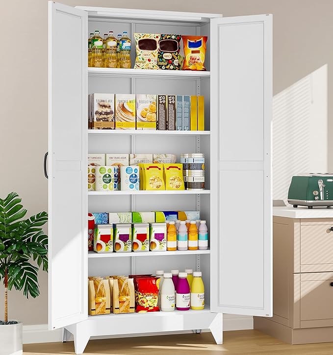 SISESOL 75" Tall Pantry Cabinet,Farmhouse Kitchen Pantry Storage Cabinets with 2 Doors and 5 Shelves,White Metal Storage Cabinet,Large Cupboard for Home,Kitchen,Dining/Living Room