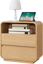 Modern Nightstand, 25" Tall Wood Bedside Table with Charging Station, 2 Storage Drawers Side Table, Large End Table Night Stand for Bedroom, Office, Sofa, Curved Profile Design, Natural