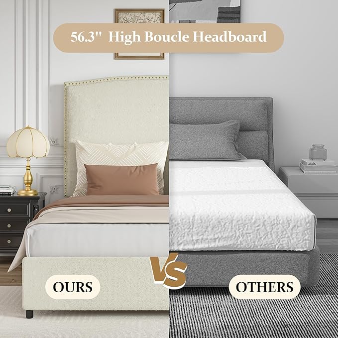 Queen Size Bed Frame with Headboard, 56" Upholstered Platform Bed with Nailhead Trim, Soft Boucle Fabric, No Box Spring Needed, Easy Assembly, Cream