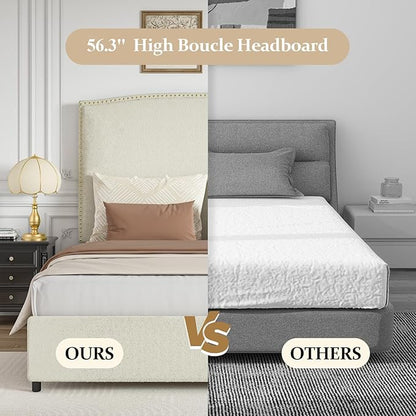 Queen Size Bed Frame with Headboard, 56" Upholstered Platform Bed with Nailhead Trim, Soft Boucle Fabric, No Box Spring Needed, Easy Assembly, Cream