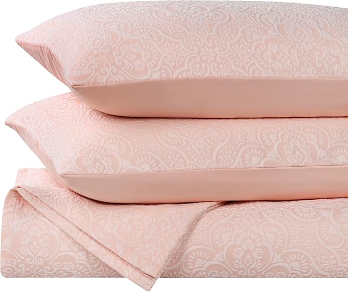 Superior 3 Piece Bedspread Set, Home Bed Decor, Decorative Bed Spread, 2 Pillow Shams, Medium Weight Blanket, Floral Matelasse Coverlet, Bedding Essentials, Enzy Collection, California King, Peach