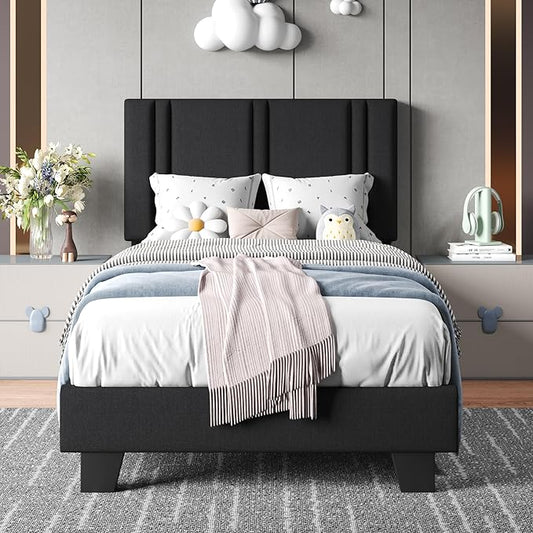 Upholstered Twin Size Bed Frame with Linen Fabric Headboard, Strong Wooden Slats Support, Noise Free, No Box Spring Needed, Black