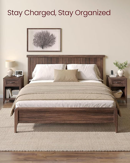 VASAGLE LIRY Collection - Farmhouse Nightstands with Charging Station, Set of 2 Bedside Tables, Side Tables with Drawer, Open Compartment, for Bedroom, Maroon Brown ULET959K51