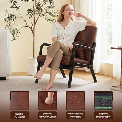 Accent Chair Mid Century Modern Armchair with Lumbar Support Pillow Wood Legs PU Leather Upholstered Lounge Chairs Comfy High Back Cushion for Living Room Bedroom
