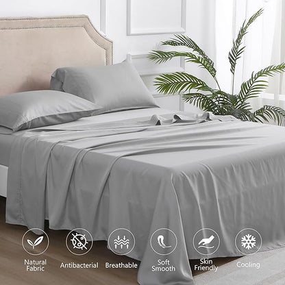 Linen World Lyocell Cooling Bed Sheets Set Queen Size,100% Organically Grown Viscose Sheets,Deep Pocket Up to 16",4 Pieces Silky Soft,Breathable Bedding Sheets & Pillowcases(Light Gray,Queen)