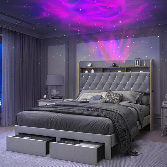 Queen LED Bed Frame with Storage Drawers, Velvet Upholstered Platform Beds with Galaxy Star Projector Charging Station, Aurora Bedframe with 2-Tier Storage Headboard, No Box Spring Needed, Grey