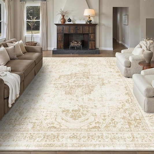 9x12 Vintage Washable Area Rugs Boho Medallion Large Distressed Retro Accent Carpet Floral Non-Slip Soft Low Pile Indoor Throw Rug for Living Room Bedroom Dining Room Office Kitchen, Beige