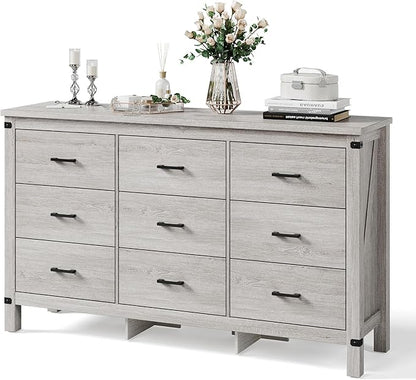 LINSY HOME Dresser for Bedroom with 9 Drawers, 59” Wide Chest with Deep Drawer, Modern Farmhouse Dresser TV Stand with Metal Handles, Wood Storage Cabinet for Closet, Living Room, Hallway, Wash Grey