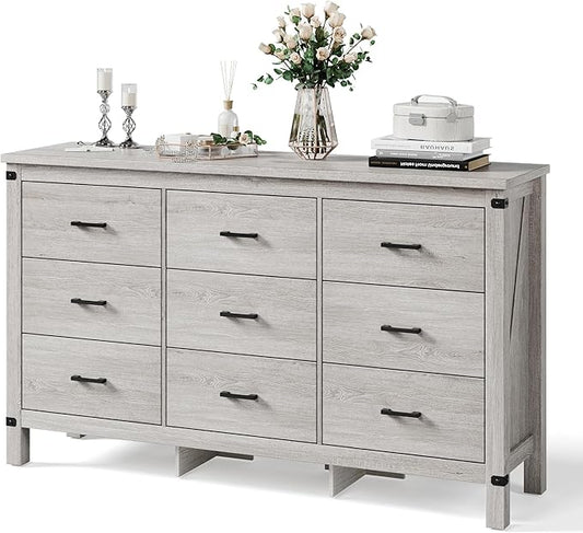 LINSY HOME Dresser for Bedroom with 9 Drawers, 59” Wide Chest with Deep Drawer, Modern Farmhouse Dresser TV Stand with Metal Handles, Wood Storage Cabinet for Closet, Living Room, Hallway, Wash Grey