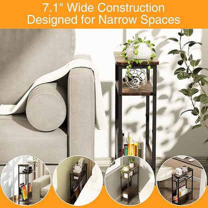 THUMEYE 7.1" Narrow Side Table for Small Spaces, 3 Tier Small End Table with Magazine Holder, Slim/Skinny Nightstand/Bedside Table for Living Room, Bedroom, 15.4" L x 24.2" H